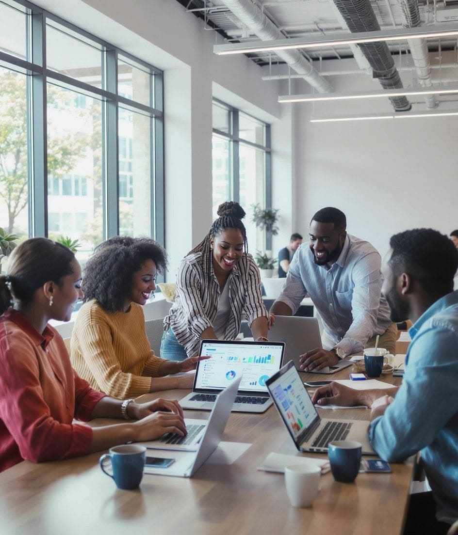 Team members collaborating around a table